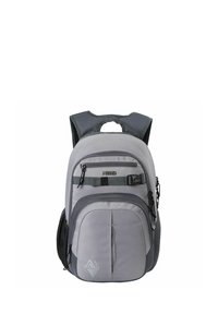 Gray backpack with multiple compartments, featuring a front pocket, adjustable straps, and a textured finish. Logo displayed on front.