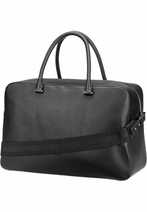 Schwarze Lederreisetasche mit doppelten Griffen und verstellbarem Schulterriemen, rechteckige Form und oberer Reißverschluss.
