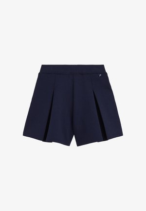 Granatowe plisowane spodenki z elastycznym pasem, zaprojektowane z myślą o komforcie i stylu, z małą metką z logo przy pasie.