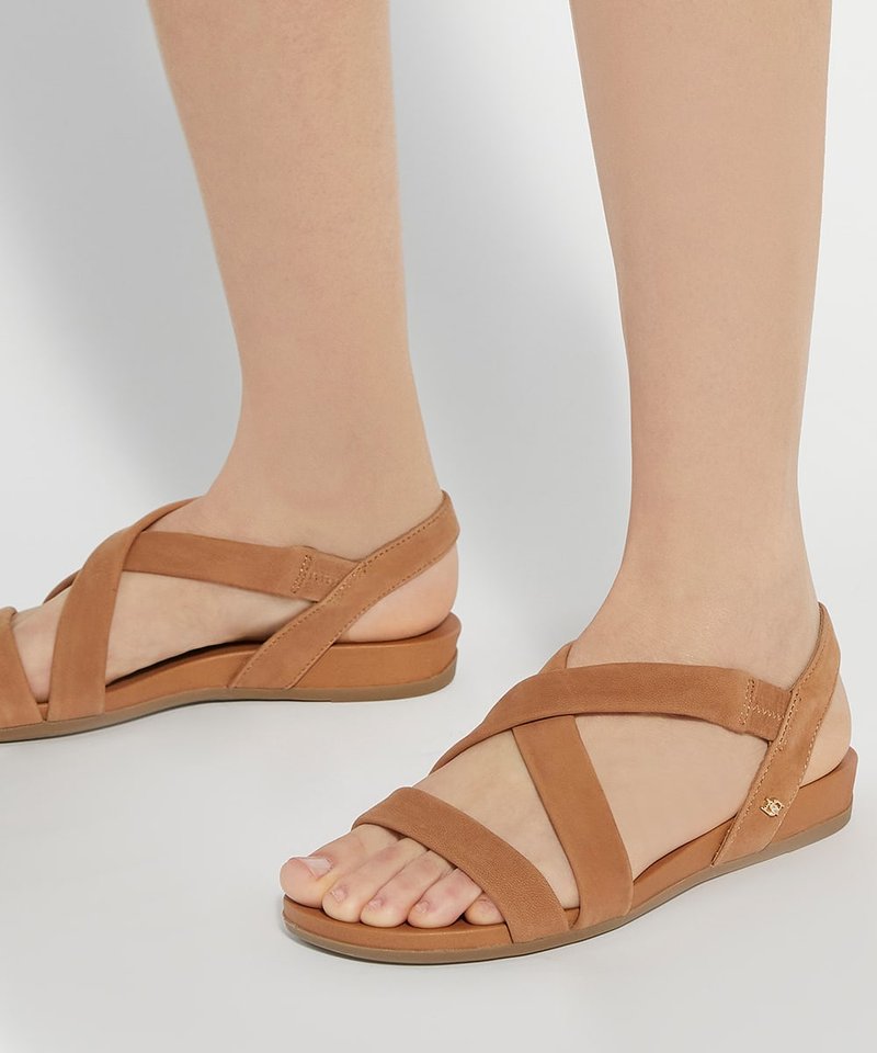 Pieds portant des sandales plates couleur beige avec de larges brides croisées et les orteils découverts sur un fond clair.