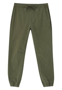 Pantalones jogger en verde oliva, fabricados en algodón, con cintura elástica, cordón ajustable, bolsillos laterales y puños entallados en los tobillos.