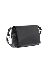 Borsa a tracolla nera in pelle con chiusura a patta, tracolla regolabile e finitura liscia. Presenta un logo discreto sul davanti.