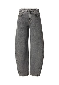 Baggy jeans in grijs denim, met een hoge taille, wijde benen, vijf zakken en subtiele whiskers op de stof.