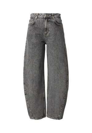 Baggy-Jeans aus grauem Denim mit hoher Taille, weitem Bein, fünf Taschen und subtilen Abnutzungserscheinungen auf dem Stoff.