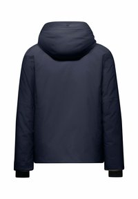 Navyblauwe geïsoleerde jas met een afneembare capuchon, lange mouwen en elastische manchetten, met een gladde, matte textuur en minimale details.