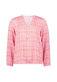 Blouse à manches longues en tissu léger présentant un motif géométrique rose et orange, un col en V et des poignets élastiques.