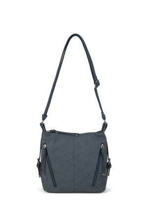 Dark grey synthetic handbag with a relaxed shape, featuring two front zippered pockets, shoulder strap, and textured surface.