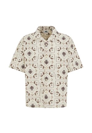 Kortärmelig overhemd met beige basis en bruine botanische patronen gerangschikt in vierkante rasterpatronen.