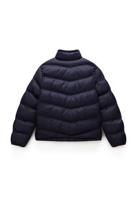 Giacca puffer blu navy con colletto alto, caratterizzata da un motivo a zig zag e polsini elasticizzati. Tessuto liscio e lucido con una vestibilità ampia.