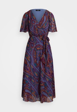 Long wrap dress in purple sheer fabric featuring a paisley pattern in multicolored hues; deep V-neck, flutter sleeves, and a tied waist.