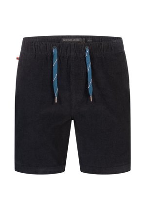 Black corduroy shorts with a drawstring waist, featuring a blue and white patterned cord, and a small brand label on the side.