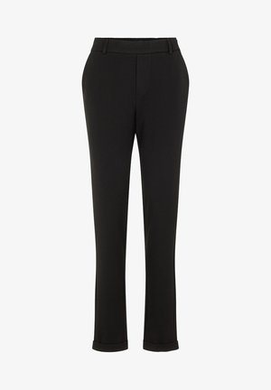 Black tailored pants made of smooth fabric; features a straight leg design, belt loops, and rolled cuffs at the hem.