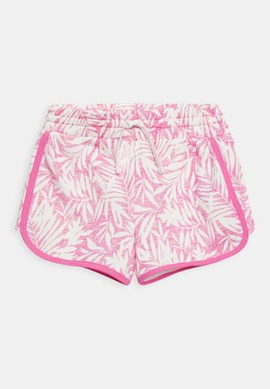 Białe i różowe damskie szorty z tropikalnym wzorem liści, elastycznym pasem, sznurkiem do wiązania oraz różowym wykończeniem na krawędziach.