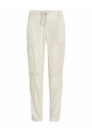 Béžové bavlnené jogger nohavice s nastaviteľným pásom na šnúrku, bočnými vreckami a manžetami na spodku. Prešitie po celom obvode.