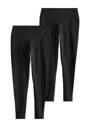 Schwarze Leggings aus dehnbarem Material mit einem breiten Bund und einem schlanken, enganliegenden Design. Zwei Paare, nebeneinander gezeigt.