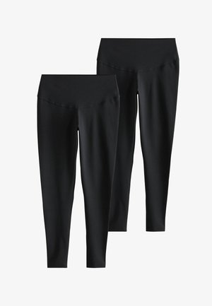 Leggings negre din material elastic, cu o talie lată și un design elegant, ajustat. Două perechi prezentate, una lângă alta.