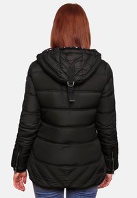 Black puffer jacket with a hood, featuring stitched panels, a rear strap detail, and zippered side pockets. Smooth texture and warm lining.
