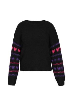 Sort sweater med lange ærmer, der har farverige hjerte mønstre i pink, lilla og rød på ærmerne. Blødt, struktureret stof. Kort design.