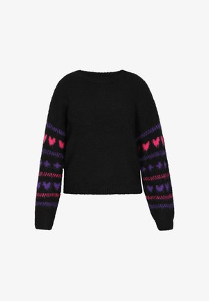 Sort sweater med lange ærmer, der har farverige hjerte mønstre i pink, lilla og rød på ærmerne. Blødt, struktureret stof. Kort design.