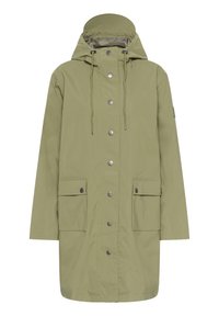 Manteau de pluie long vert olive clair avec capuche, boutons-pression à l'avant, cordon de serrage et deux poches à rabat sur le devant.