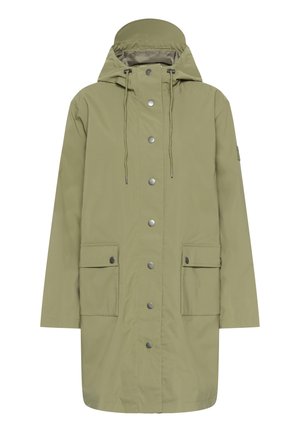 Light olive-green long raincoat with hood, front snap buttons, drawstring, and two flap pockets on lower front.
