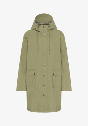 Dolga dežna jakna svetlo oljčne barve s kapuco, sprednjimi gumbi na zapenjanje, vrvico in dvema preklopnima žepoma na spodnjem sprednjem delu.
