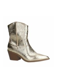 Botte de cowboy métallique dorée avec un bout pointu, surface texturée et un talon bloc marron contrastant. Présente des accents cousus sur la tige.