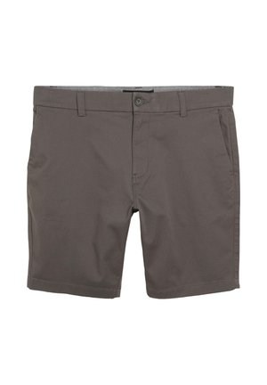 Grijze shorts gemaakt van gladde stof met een knoopsluiting aan de voorkant, riemlussen en twee zijzakken. Strak ontwerp zonder patronen of accenten.