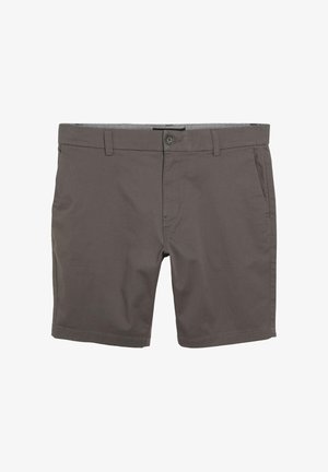 Grijze shorts gemaakt van gladde stof met een knoopsluiting aan de voorkant, riemlussen en twee zijzakken. Strak ontwerp zonder patronen of accenten.