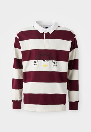 Bordeauxrot- und weiße gestreifte Langarm-Polohemd mit einem weißen Kragen. Verfügt über gestickten Text und Emblem auf der Vorderseite. Aus Baumwollmaterial gefertigt.