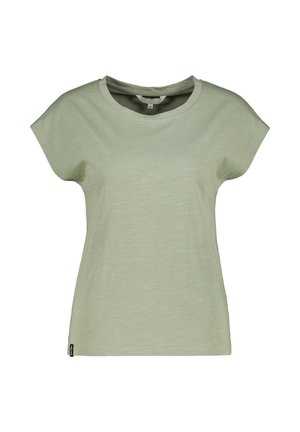 Hellgrünes kurzärmeliges Baumwoll-T-Shirt mit rundem Ausschnitt und kleinem schwarzem Stoffetikett auf der unteren linken Seite.