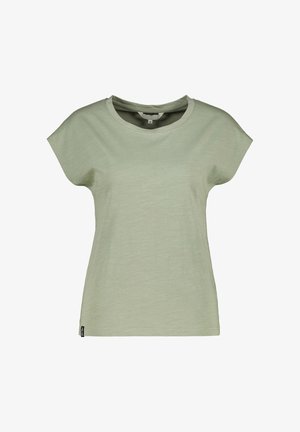 Hellgrünes kurzärmeliges Baumwoll-T-Shirt mit rundem Ausschnitt und kleinem schwarzem Stoffetikett auf der unteren linken Seite.