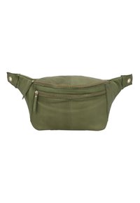 Marsupio in pelle verde con due tasche con zip, forma curva e dettagli a bottone sui lati. Texture liscia e design minimalista.