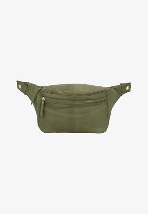 Marsupio in pelle verde con due tasche con zip, forma curva e dettagli a bottone sui lati. Texture liscia e design minimalista.