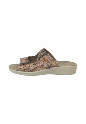 Sandalo donna aperto sulla punta, modello slip-on con tomaia beige e marrone texturizzata, due cinturini regolabili con fibbia e suola a zeppa bassa.