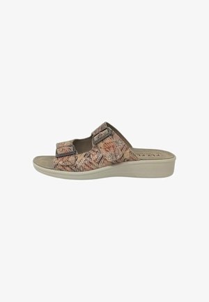 Sandalo donna aperto sulla punta, modello slip-on con tomaia beige e marrone texturizzata, due cinturini regolabili con fibbia e suola a zeppa bassa.