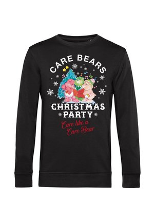 Schwarzer Langarm-Sweatshirt mit Care Bears Grafik, Weihnachtsmotiv, Schneeflocken und Text: "Care Bears Weihnachtsfeier. Kümmere dich wie ein Care Bear."