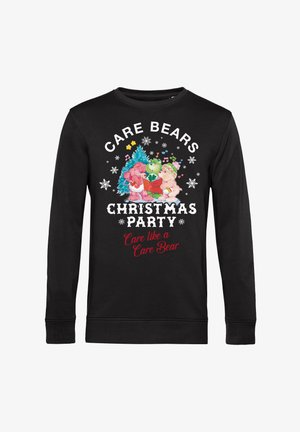 Schwarzer Langarm-Sweatshirt mit Care Bears Grafik, Weihnachtsmotiv, Schneeflocken und Text: "Care Bears Weihnachtsfeier. Kümmere dich wie ein Care Bear."