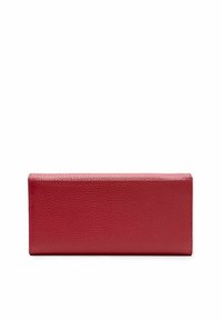 Portafoglio rosso in pelle con superficie texture, forma rettangolare, bordi lisci e senza hardware o dettagli visibili.
