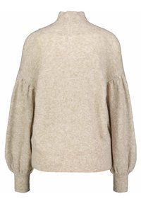 Vaaleanbeige neulottu villapaita, jossa on korkea kaulus, pitkät puff-hihat ja ribattu helma sekä hihansuut. Pehmeä pinta, jossa on hillitty melange-kuvio.
