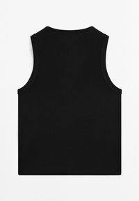 Top senza maniche di colore nero con scollatura rotonda, realizzato in tessuto liscio. Design minimalista senza motivi o decorazioni visibili.