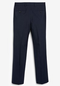Marineblaue Hose mit geradem Schnitt, zwei aufgesetzte Taschen auf der Rückseite mit Knöpfen und dezenten Falten an der Vorderseite. Glatte Textur.