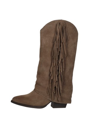 Bruine suede cowboylaars tot halverwege de kuit met gestapelde hak en lange franjes langs de buitenkant.