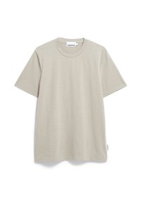 Hellbeige T-Shirt mit feinen horizontalen Streifen, rundem Ausschnitt, kurzen Ärmeln und einem Etikett an der Seite, aus weichem Baumwollstoff gefertigt.