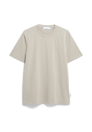 Hellbeige T-Shirt mit feinen horizontalen Streifen, rundem Ausschnitt, kurzen Ärmeln und einem Etikett an der Seite, aus weichem Baumwollstoff gefertigt.