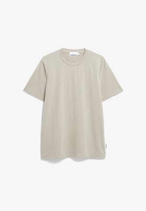 Hellbeige T-Shirt mit feinen horizontalen Streifen, rundem Ausschnitt, kurzen Ärmeln und einem Etikett an der Seite, aus weichem Baumwollstoff gefertigt.