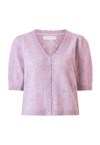 Lilla kortærmet strikket cardigan med V-hals, knapper foran, bølget kant og lille hulmønster over det hele.