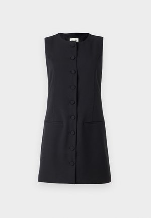 Mėlyna suknelė be rankovių, prigludusi prie kūno, iki kelių, su apvaliu iškirpimu, priekyje segama sagomis ir dviem šoniniais kišenėmis.