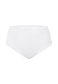 Slip donna bianco a vita alta senza cuciture con fascia elastica in vita e testo del marchio discreto sulla fascia.