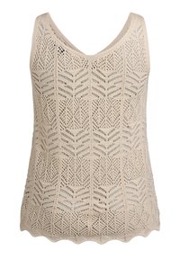 Beige gestricktes Top mit V-Ausschnitt und kunstvollem Openwork-Muster mit Blattmotiven. Mit einer gewellten Saumdetail am unteren Rand.